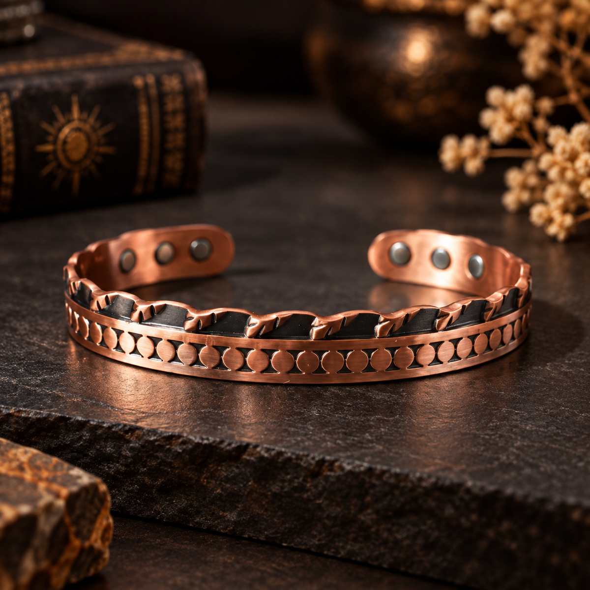 Orbit copper magnetic cuff bracelet with geometric etched detailing