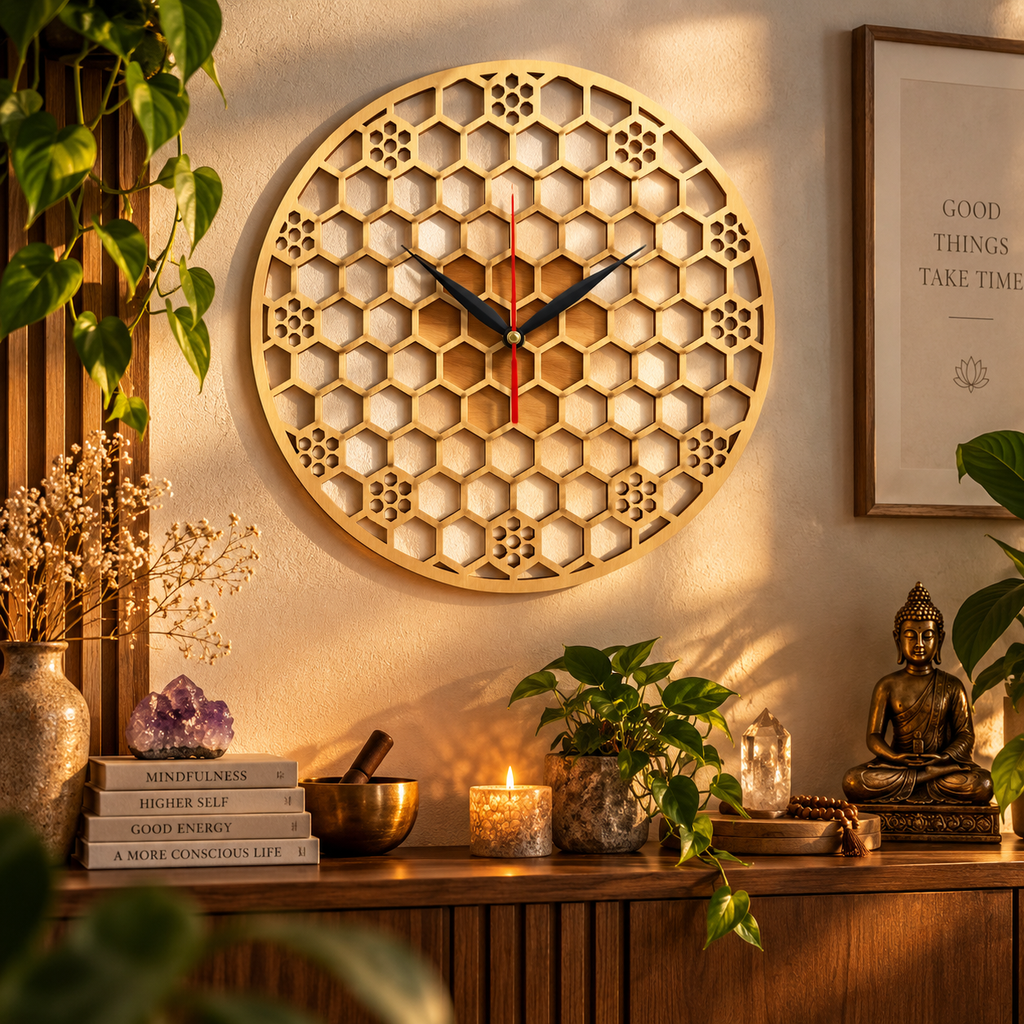 Harmonia wooden honeycomb wall clock with geometric sacred-inspired pattern