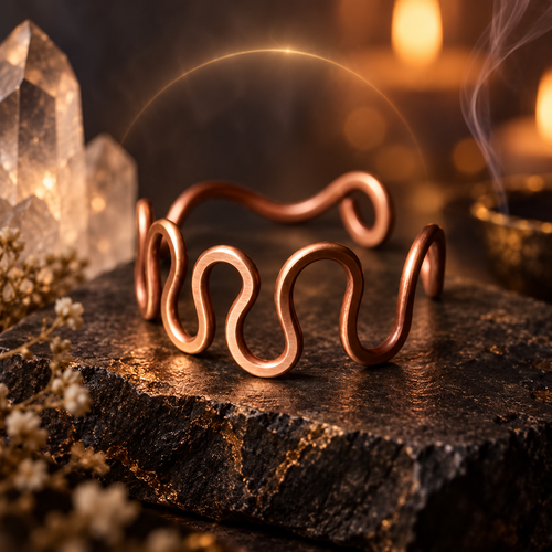 Flow adjustable copper wave ring with sculptural open-band design
